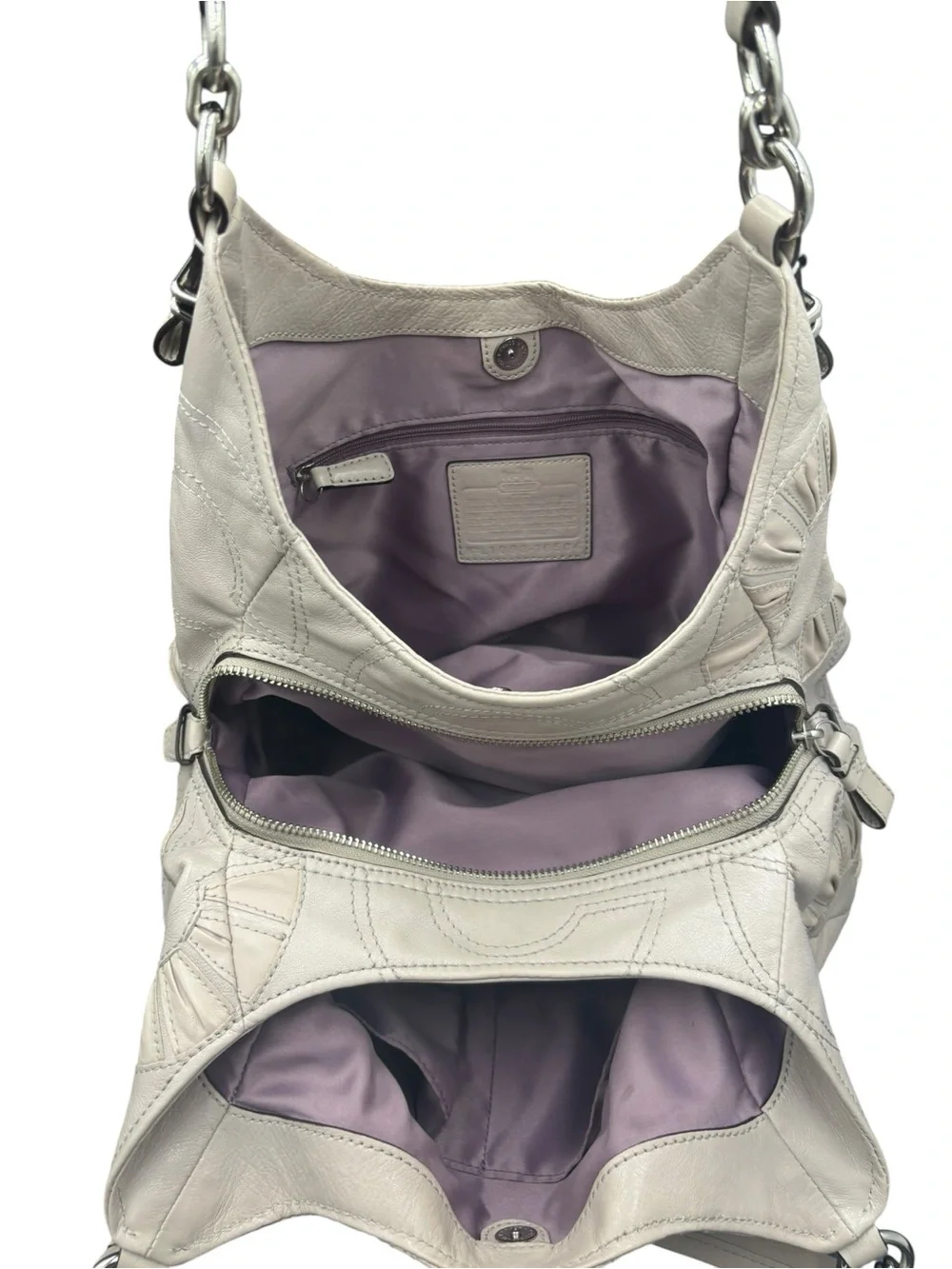 Coach Kristin Leather Pleated Floral Appliqué Hobo Shoulder Bag Ivory Taupe 2010